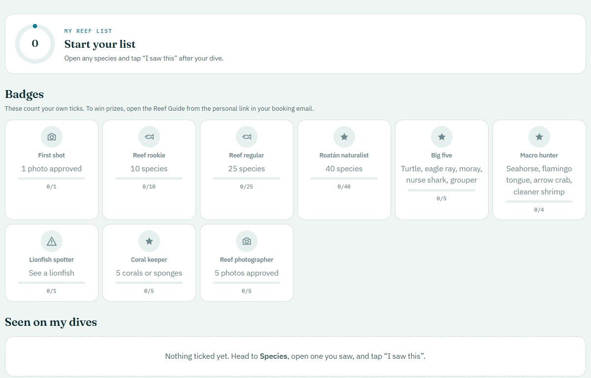 The reef list and badges in the Sandy Bay Divers Reef Guide